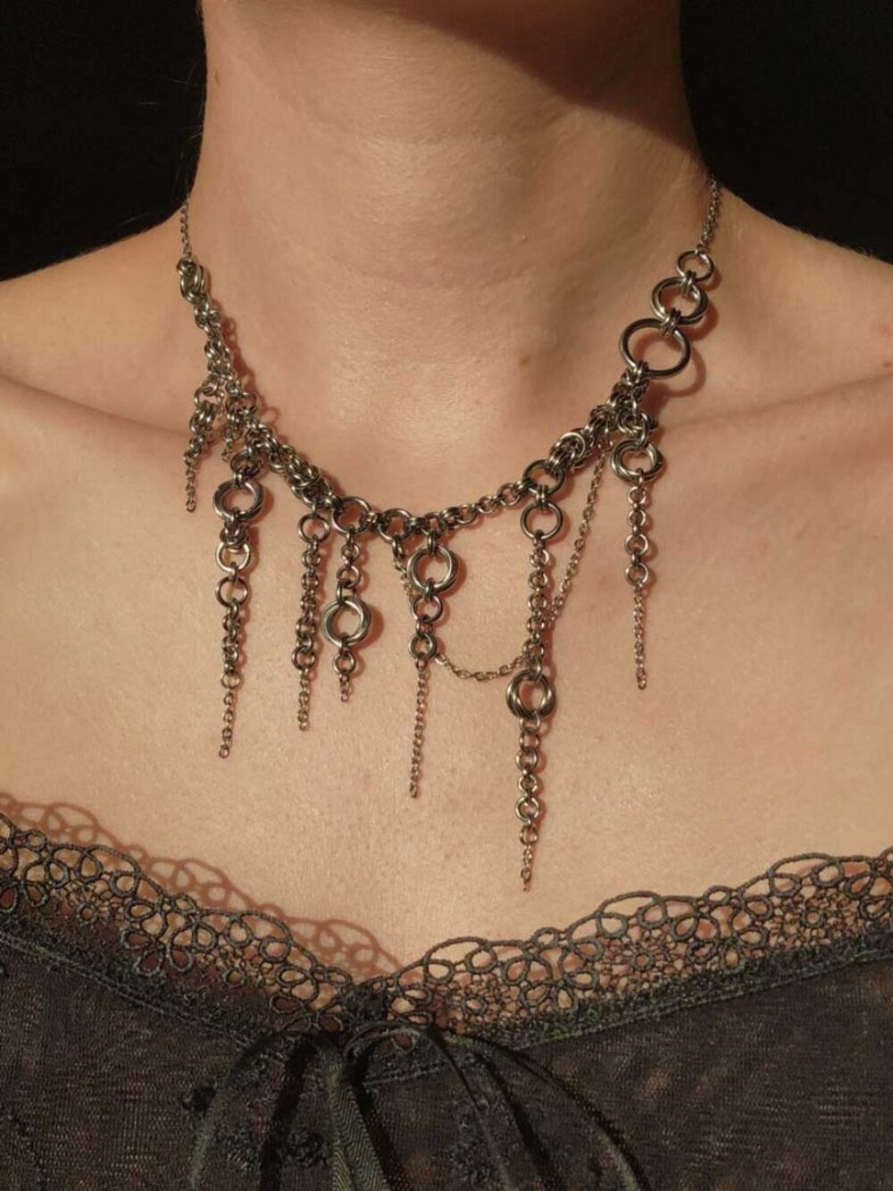 Gothic big silver statement chainmail necklace